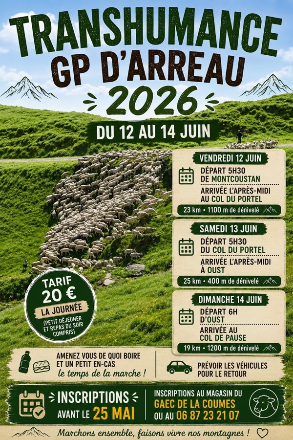 Affiche de la Transhumance GP d'Arreau 2026 — du 12 au 14 juin, organisée par le GAEC de la Coumes